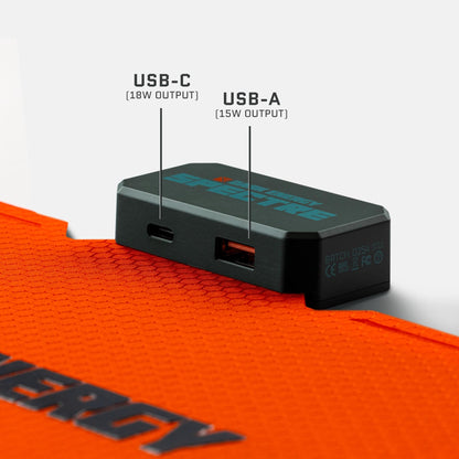 Dark Energy Spectre 18W solar panel with orange ports, showing close-up of connection ports and wiring for outdoor solar power use.