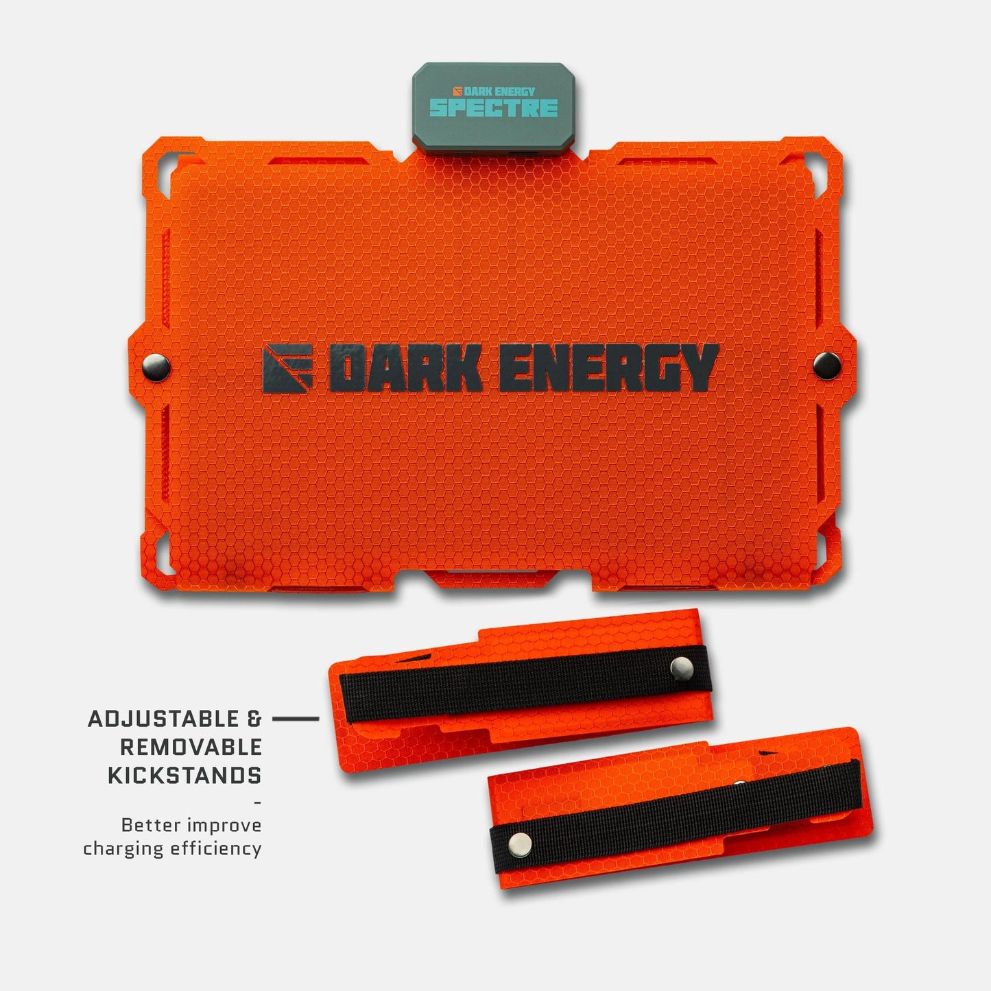 Dark Energy Spectre 18W solar panel with orange kickstand, showing the panel's compact design and adjustable stand for outdoor use.