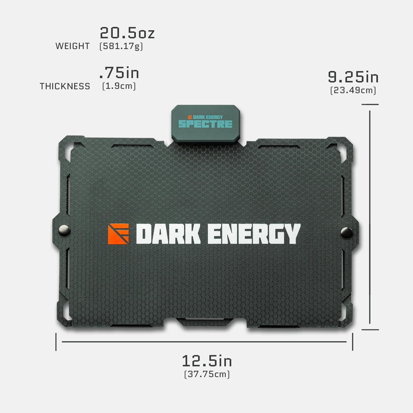 Dark Energy Spectre 18W solar panel showing grey surface with technical specifications and connection ports.