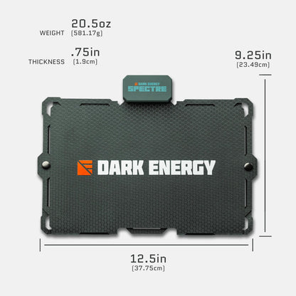 Dark Energy Spectre 18W solar panel showing grey surface with technical specifications and connection ports.