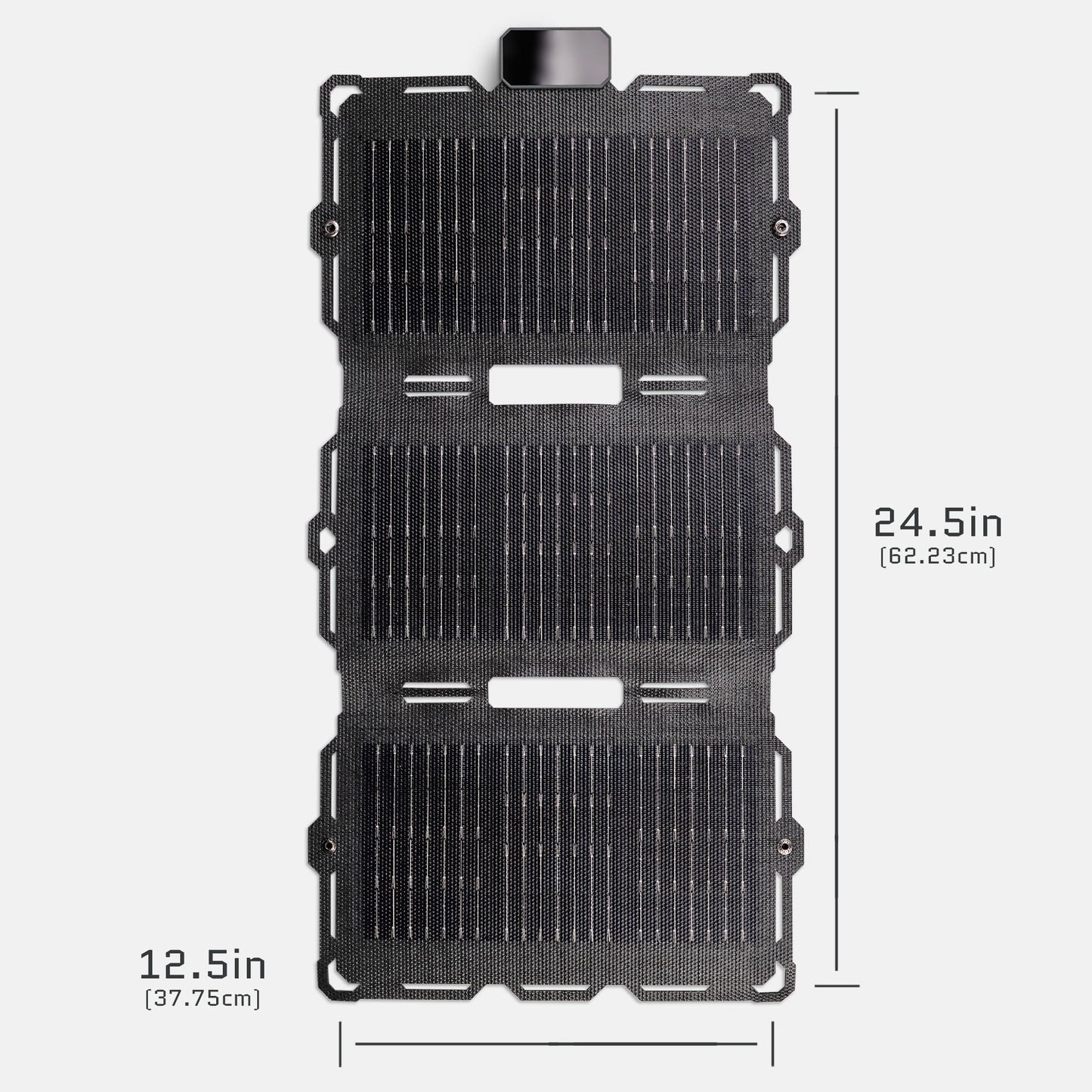 Open dark energy Spectre 18W solar panel showing black photovoltaic cells and sturdy frame for outdoor solar power use.