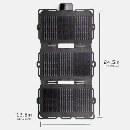 Open dark energy Spectre 18W solar panel showing black photovoltaic cells and sturdy frame for outdoor solar power use.