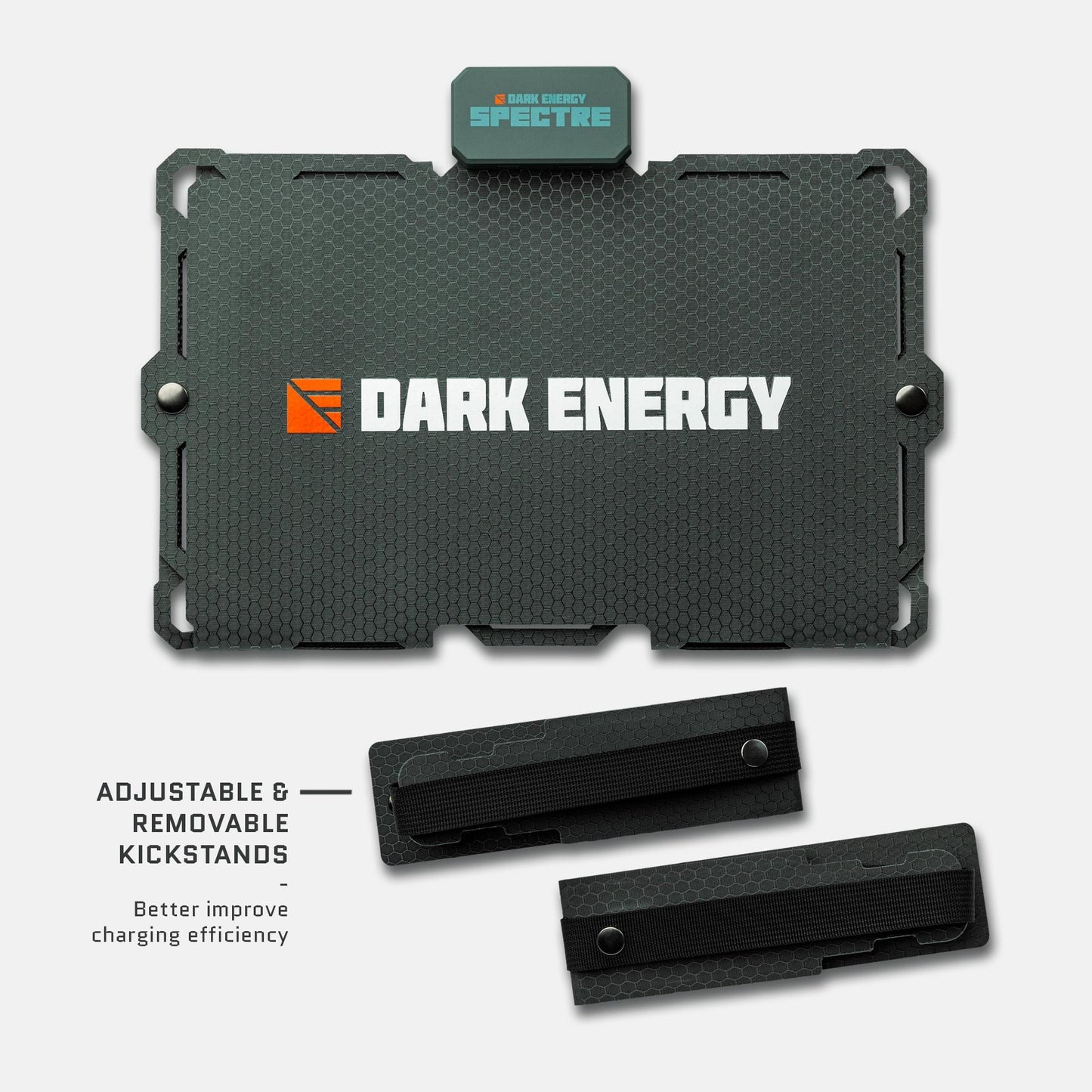 Grey Dark Energy Spectre 18W solar panel with foldable kickstand for portable outdoor solar power.