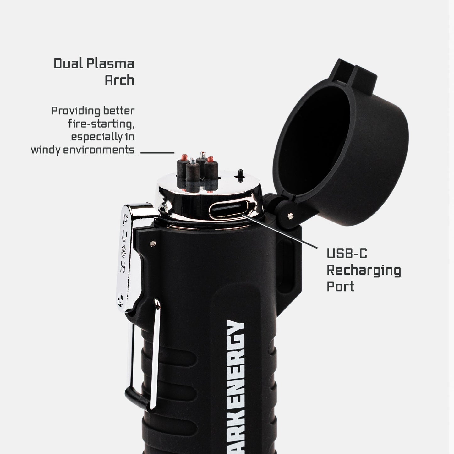 Dark Energy plasma lighter with USB-C port, showing the sleek design and ignition area for easy lighting.