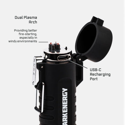 Dark Energy plasma lighter with USB-C port, showing the sleek design and ignition area for easy lighting.