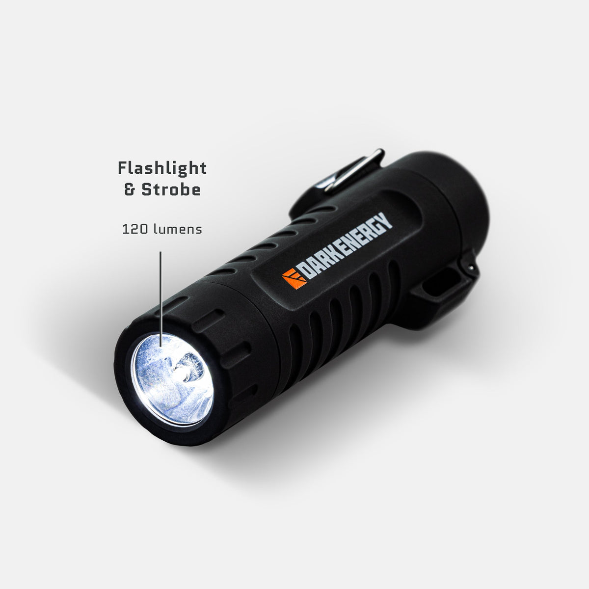 Dark Energy plasma lighter with a sleek black design and illuminated plasma arc in a close-up view.