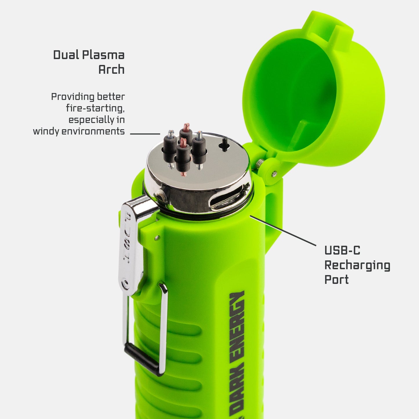 Dark Energy plasma lighter with a sleek design, featuring a glowing plasma arc and modern black finish.