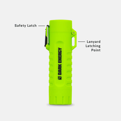 Dark Energy plasma lighter with a sleek black design and illuminated plasma arc in a close-up view.