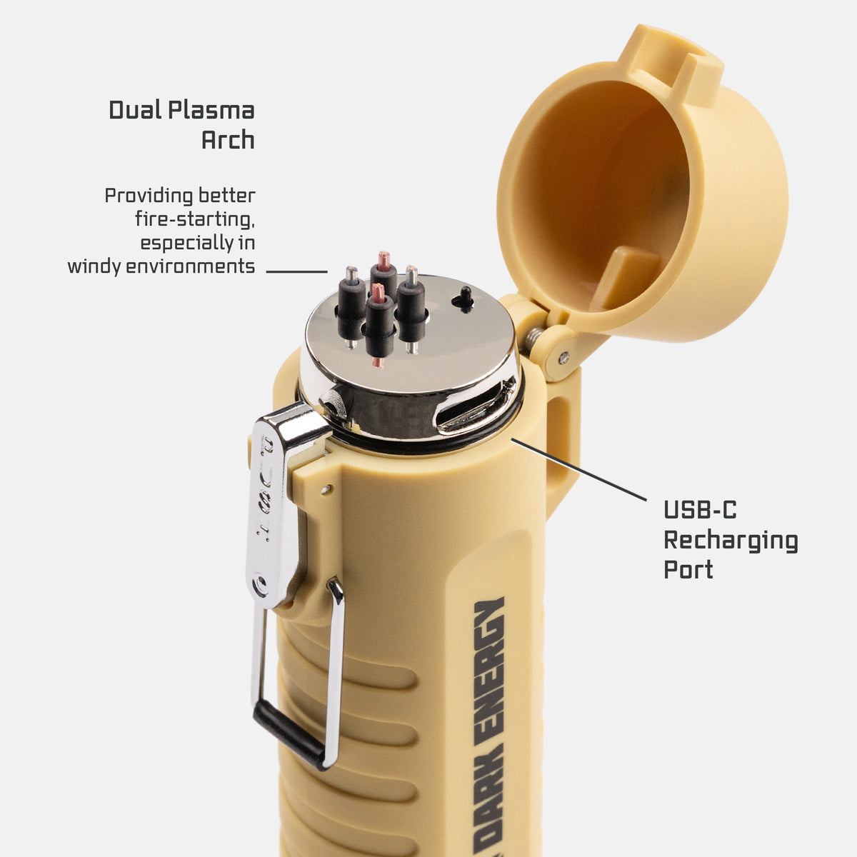 Dark Energy plasma lighter with open port and textured surface, showcasing its sleek and modern design.