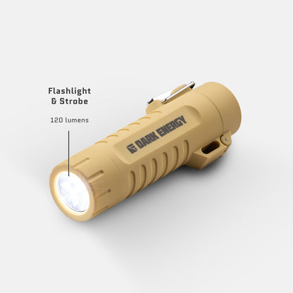 Dark Energy plasma lighter with a sleek design, featuring a flashlight and orange text on the surface.
