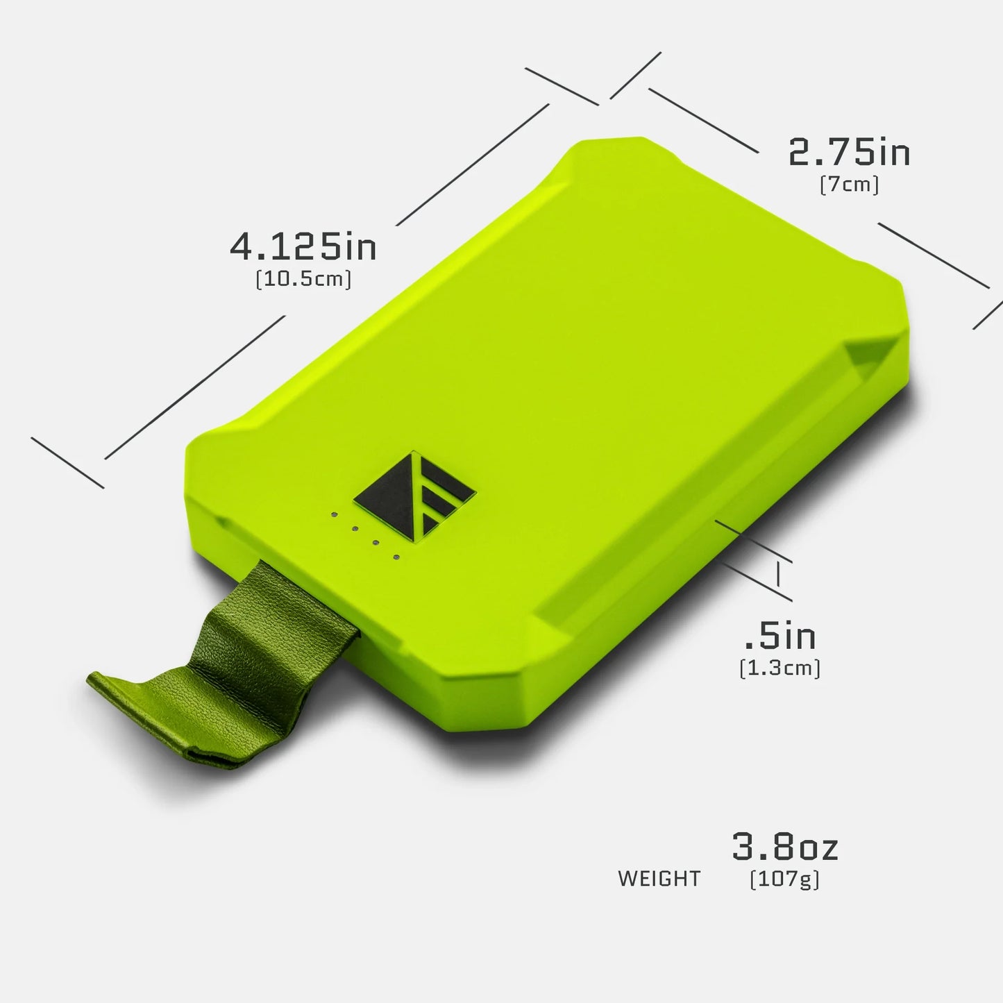 Dark Energy Poseidon Nano Power Bank, green portable charger with front specifications display and compact design.