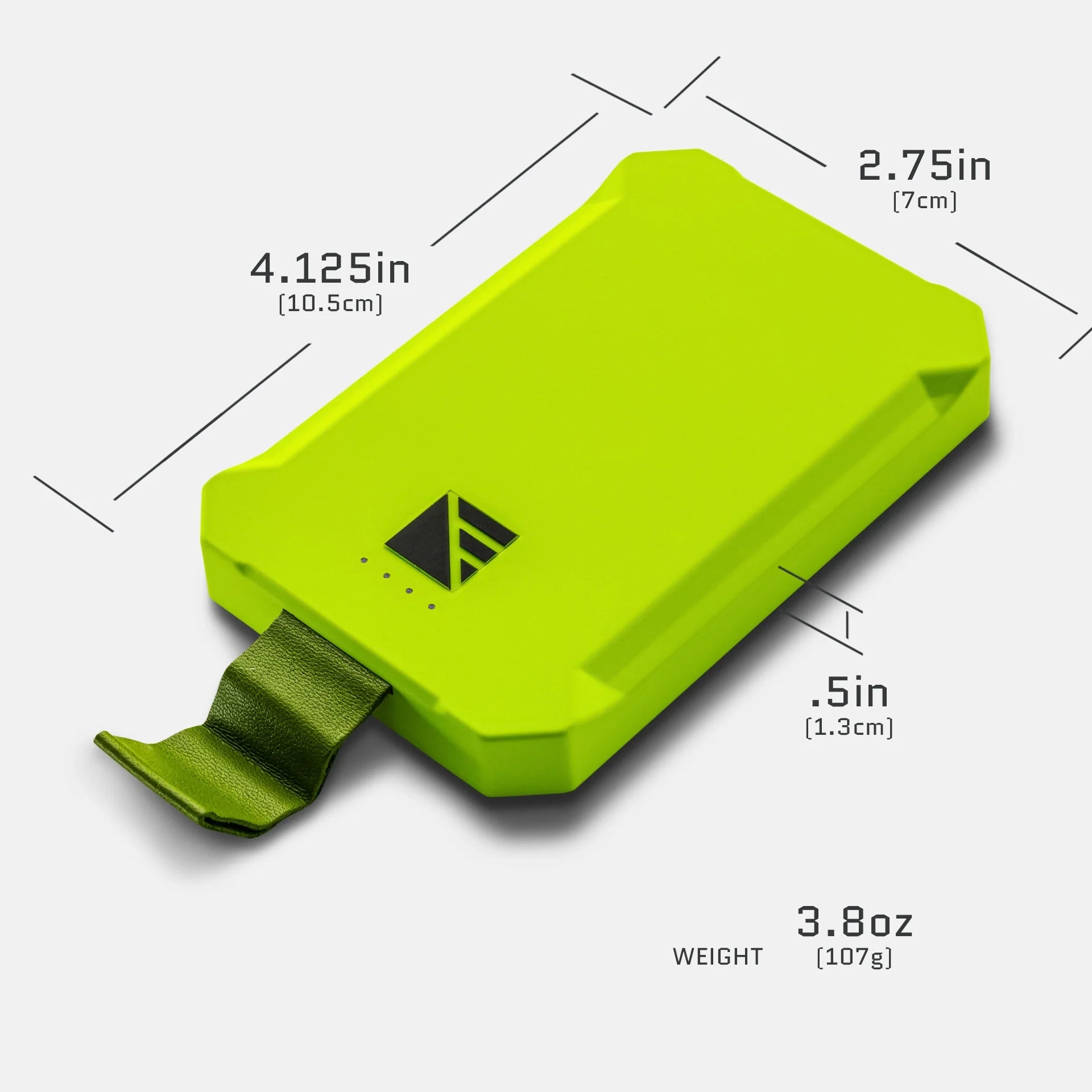 Dark Energy Poseidon Nano Power Bank, green portable charger with front specifications display and compact design.