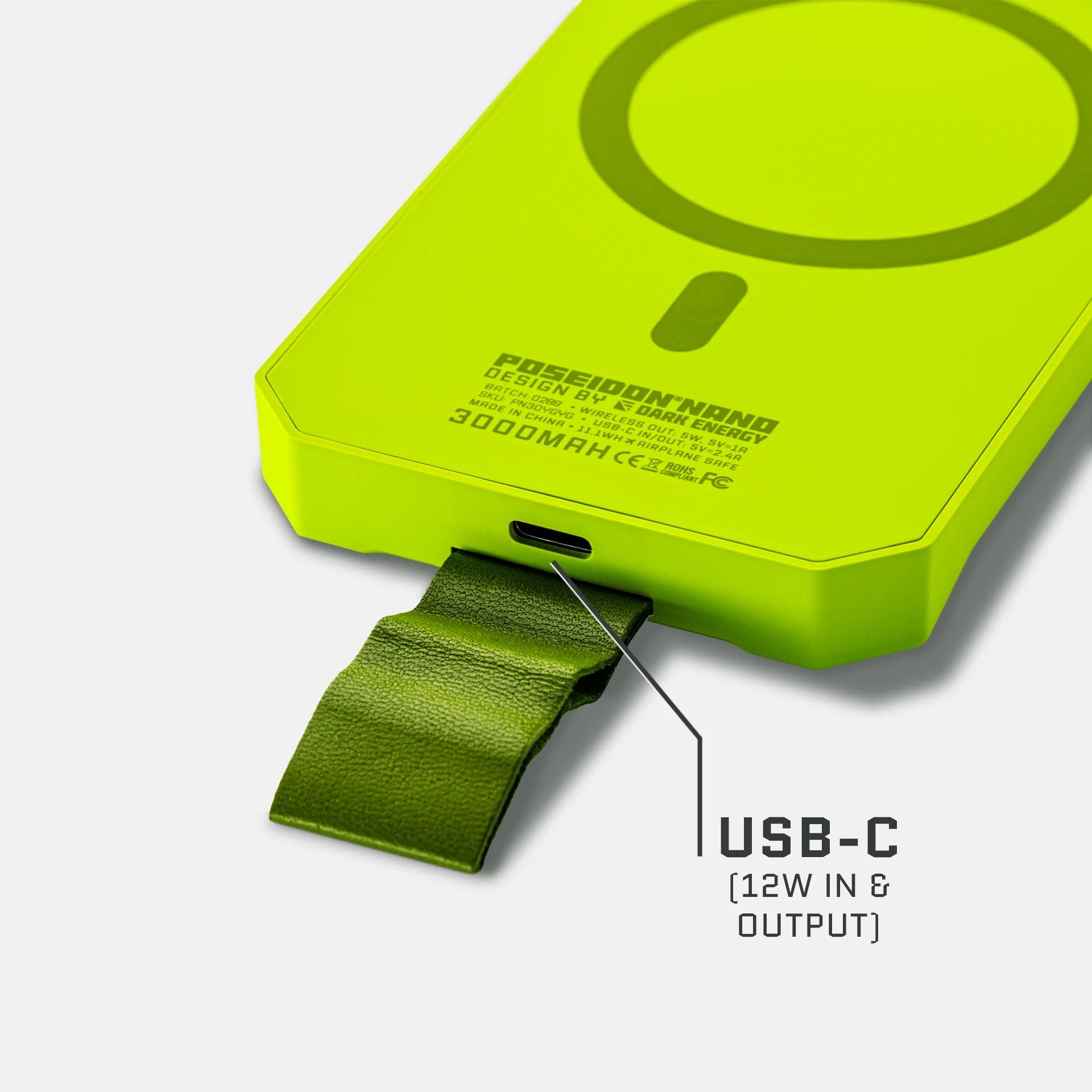 Dark Energy Poseidon Nano Power Bank with green ports, compact portable charger for convenient device charging on the go.