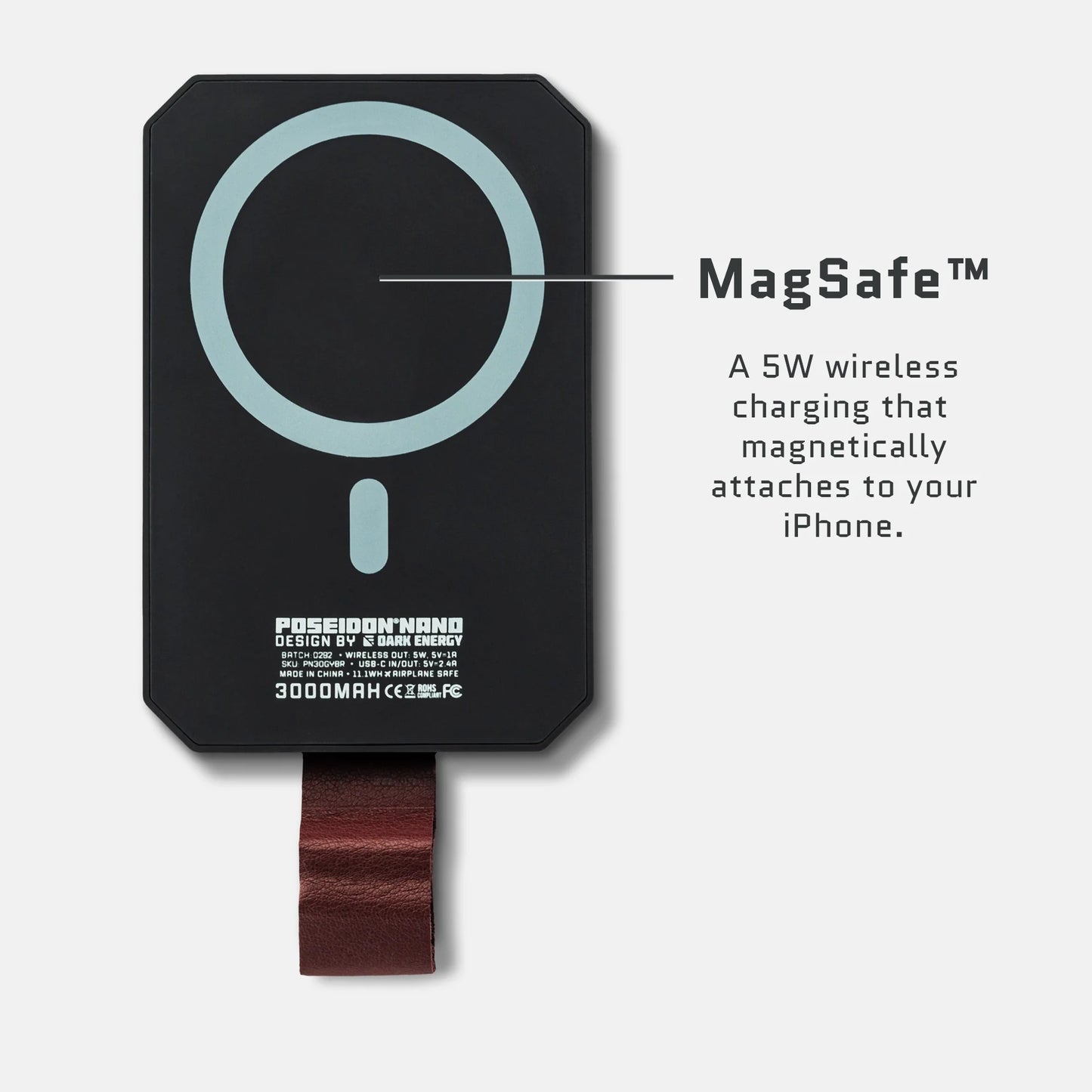 Dark Energy Poseidon Nano Power Bank, portable grey charger with detailed specifications visible in the image