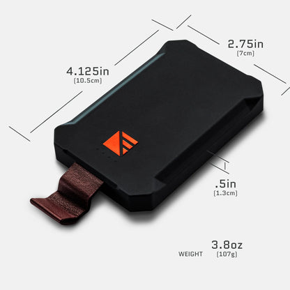 Dark Energy Poseidon Nano Power Bank portable charger in grey, front view showing specifications and compact design.