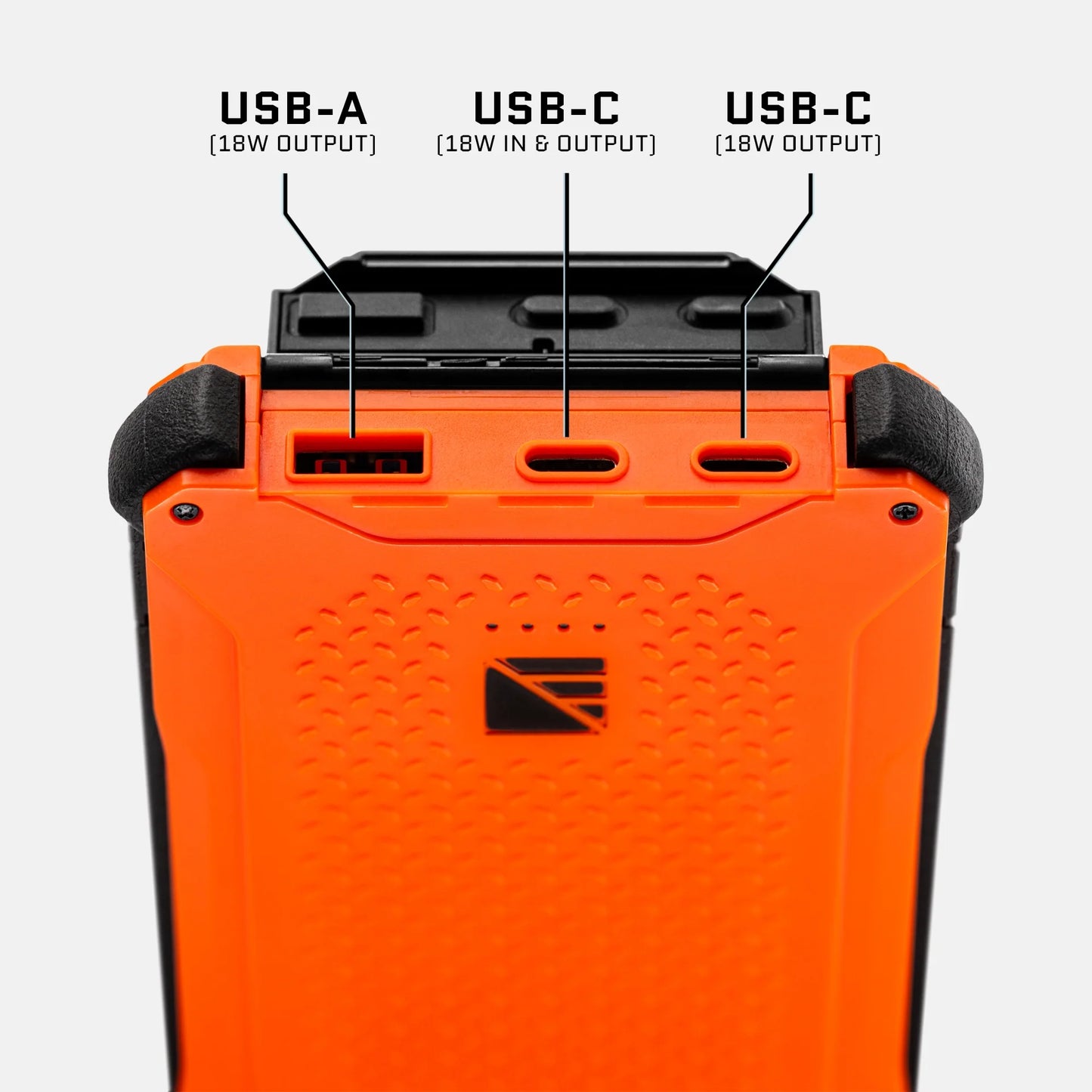 Dark Energy Poseidon Pro Power Bank with orange charging ports, portable charger for on-the-go device power.