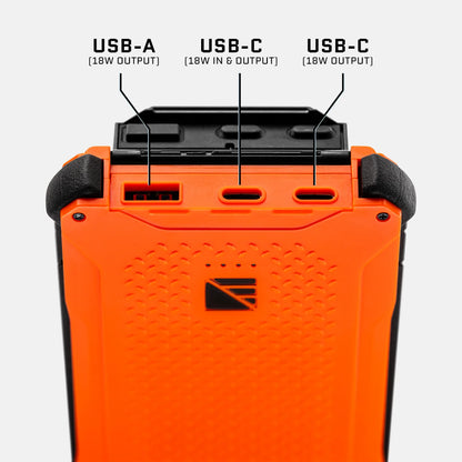 Dark Energy Poseidon Pro Power Bank with orange charging ports, portable charger for on-the-go device power.