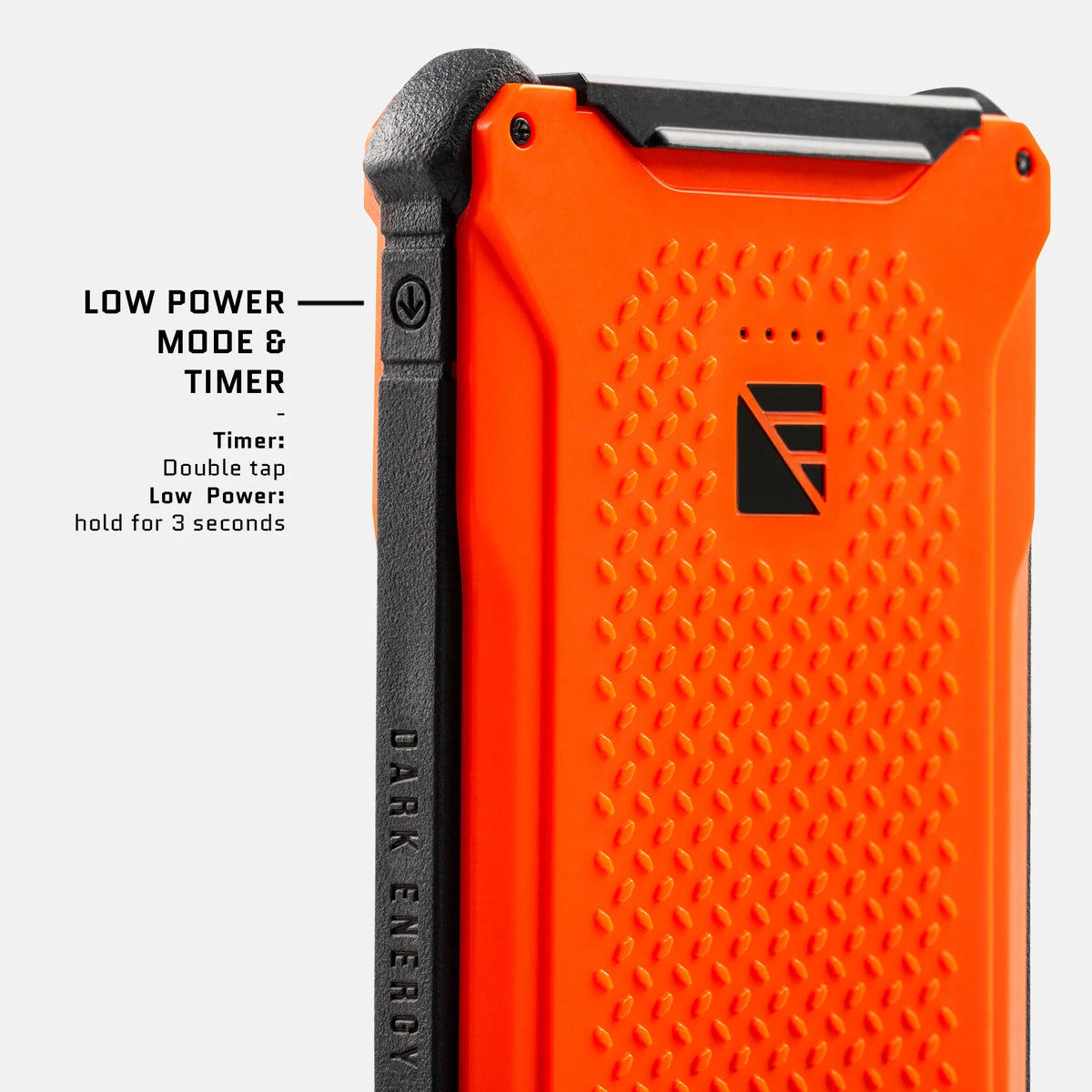 Orange Dark Energy Poseidon Pro Power Bank portable charger with multiple USB ports on a dark background.