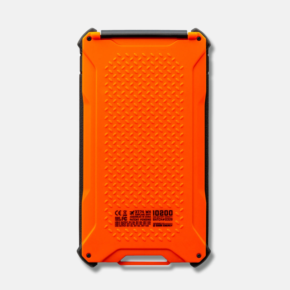 Dark Energy Poseidon Pro Power Bank in orange, portable charger with multiple charging ports and sleek design.