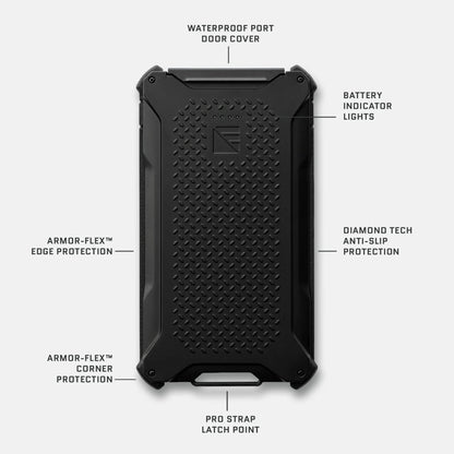 Dark Energy Poseidon Pro Power Bank portable charger with black callouts, compact design for on-the-go device charging.