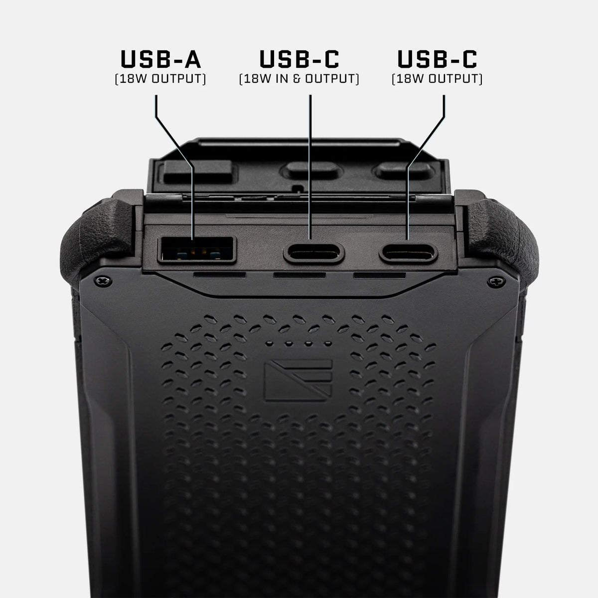 Dark Energy Poseidon Pro Power Bank with black ports, portable charger for quick device charging and on-the-go power.