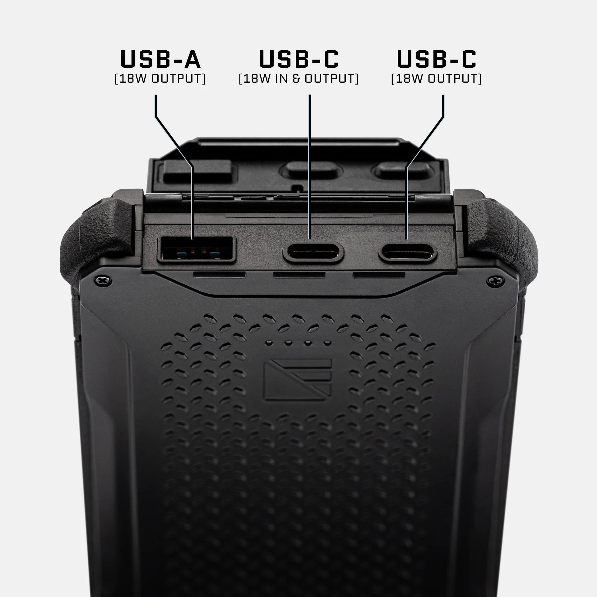 Dark Energy Poseidon Pro Power Bank with black ports, portable charger for quick device charging and on-the-go power.