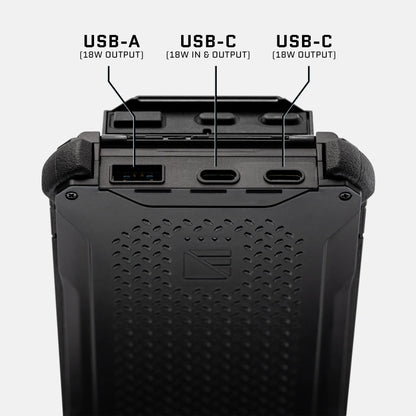 Dark Energy Poseidon Pro Power Bank with black ports, portable charger for quick device charging and on-the-go power.