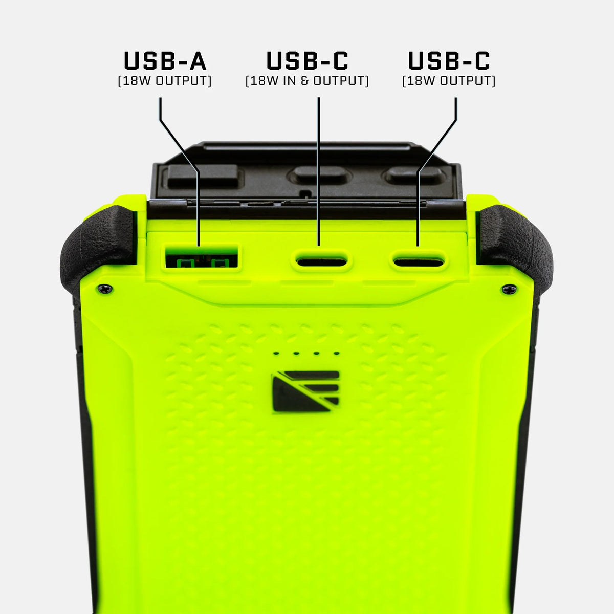 Dark Energy Poseidon Pro Power Bank with green USB ports, portable charger for smartphones and devices.