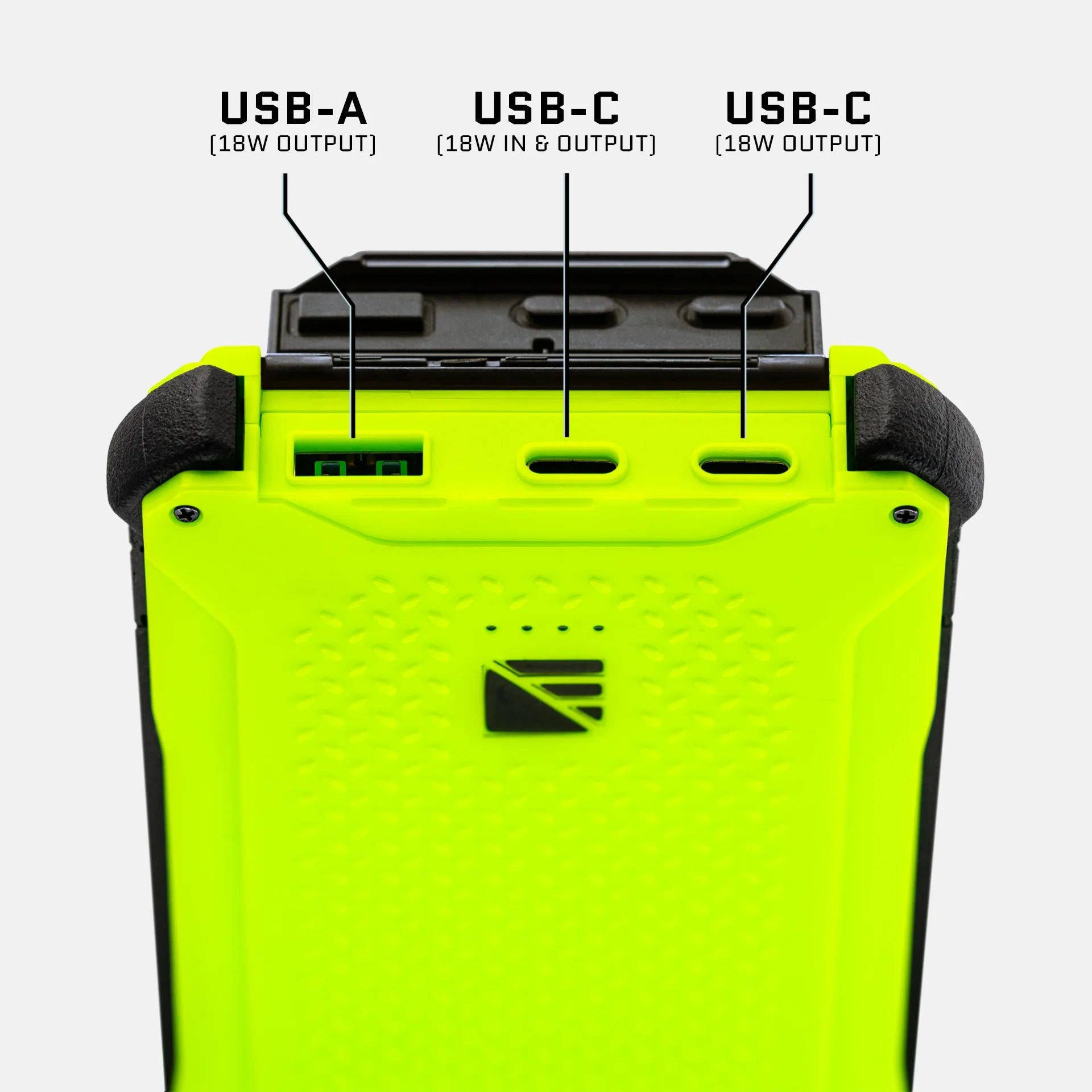 Dark Energy Poseidon Pro Power Bank with green USB ports, portable charger for smartphones and devices.