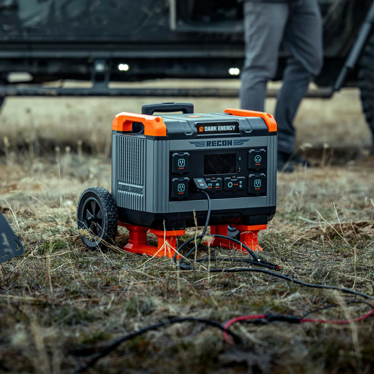Dark Energy Recon 2000 Power Station with multiple outlets and digital display, compact portable power solution for outdoor and emergency use.