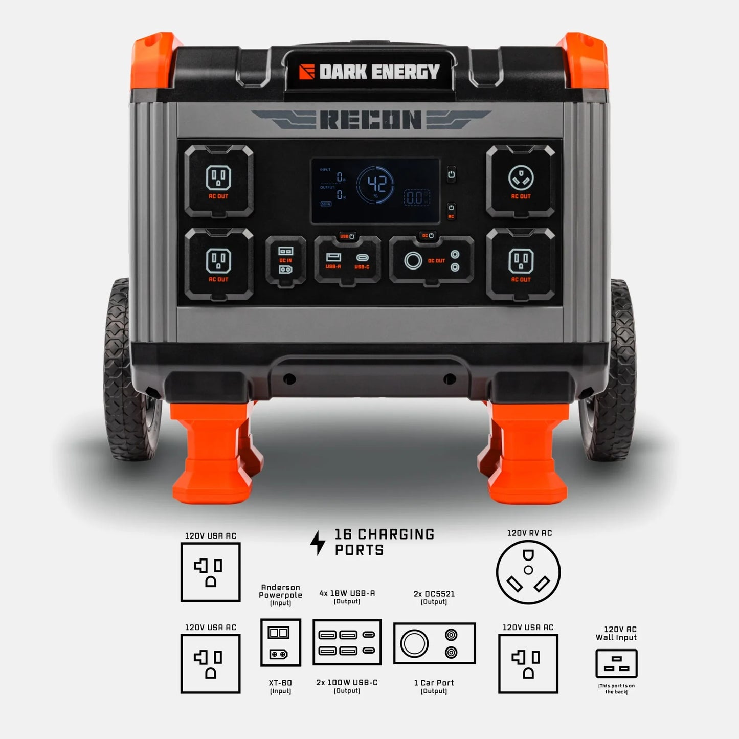 Dark Energy Recon 2000 Power Station with gray exterior, portable design, and multiple charging ports for outdoor or emergency use.
