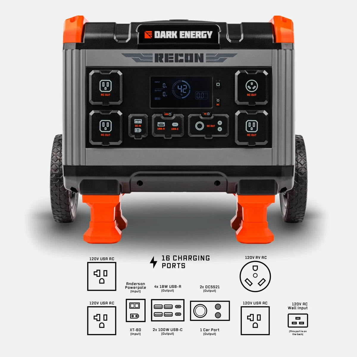 Dark Energy Recon 2000 Power Station with gray exterior, portable design, and multiple charging ports for outdoor or emergency use.