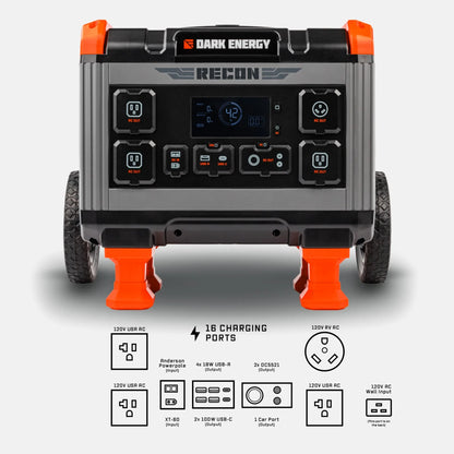 Dark Energy Recon 2000 Power Station with gray exterior, portable design, and multiple charging ports for outdoor or emergency use.