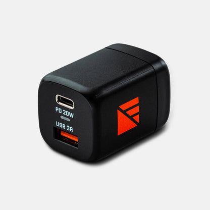 Dark Energy 20W AC wall adapter plugged into a power outlet, compact design suitable for charging electronic devices.