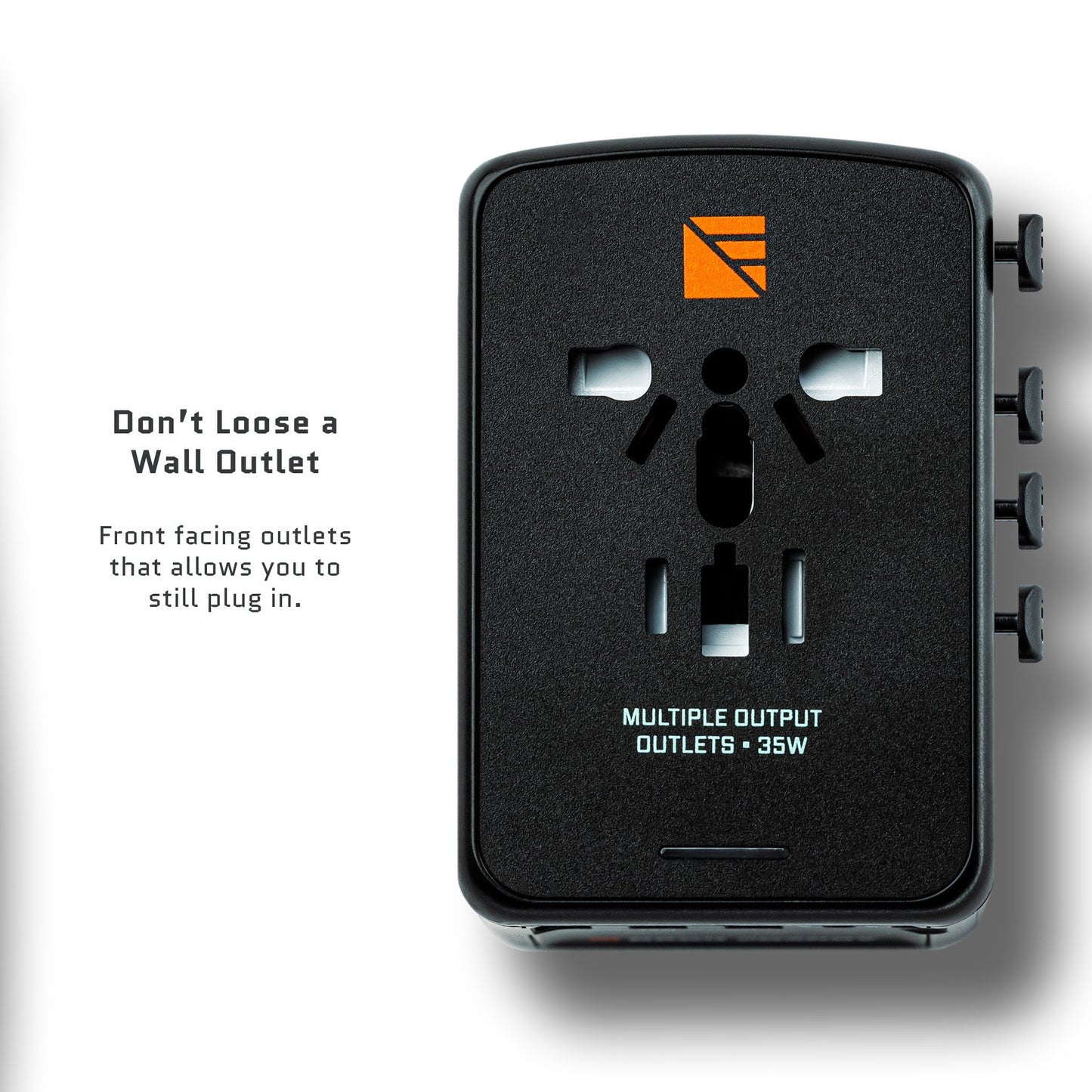 Dark Energy international wall adapter with multiple plug options and USB ports, shown from the front with labeled callouts.