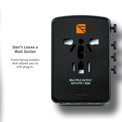 Dark Energy international wall adapter with multiple plug options and USB ports, shown from the front with labeled callouts.