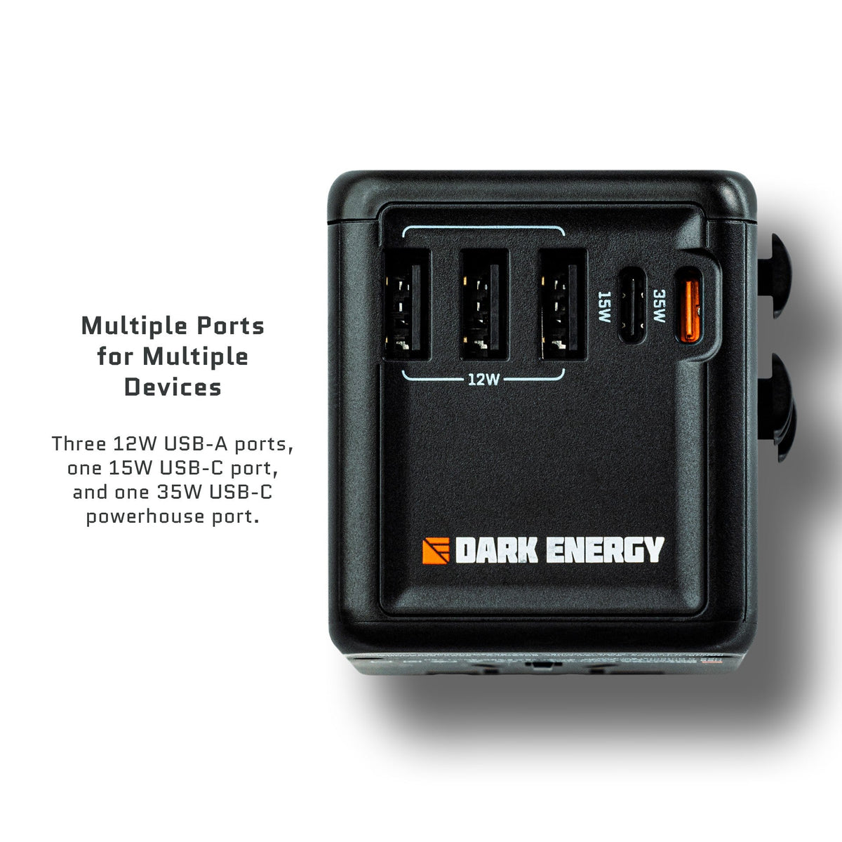 Dark Energy international wall adapter with multiple ports and callouts, designed for versatile global power compatibility.