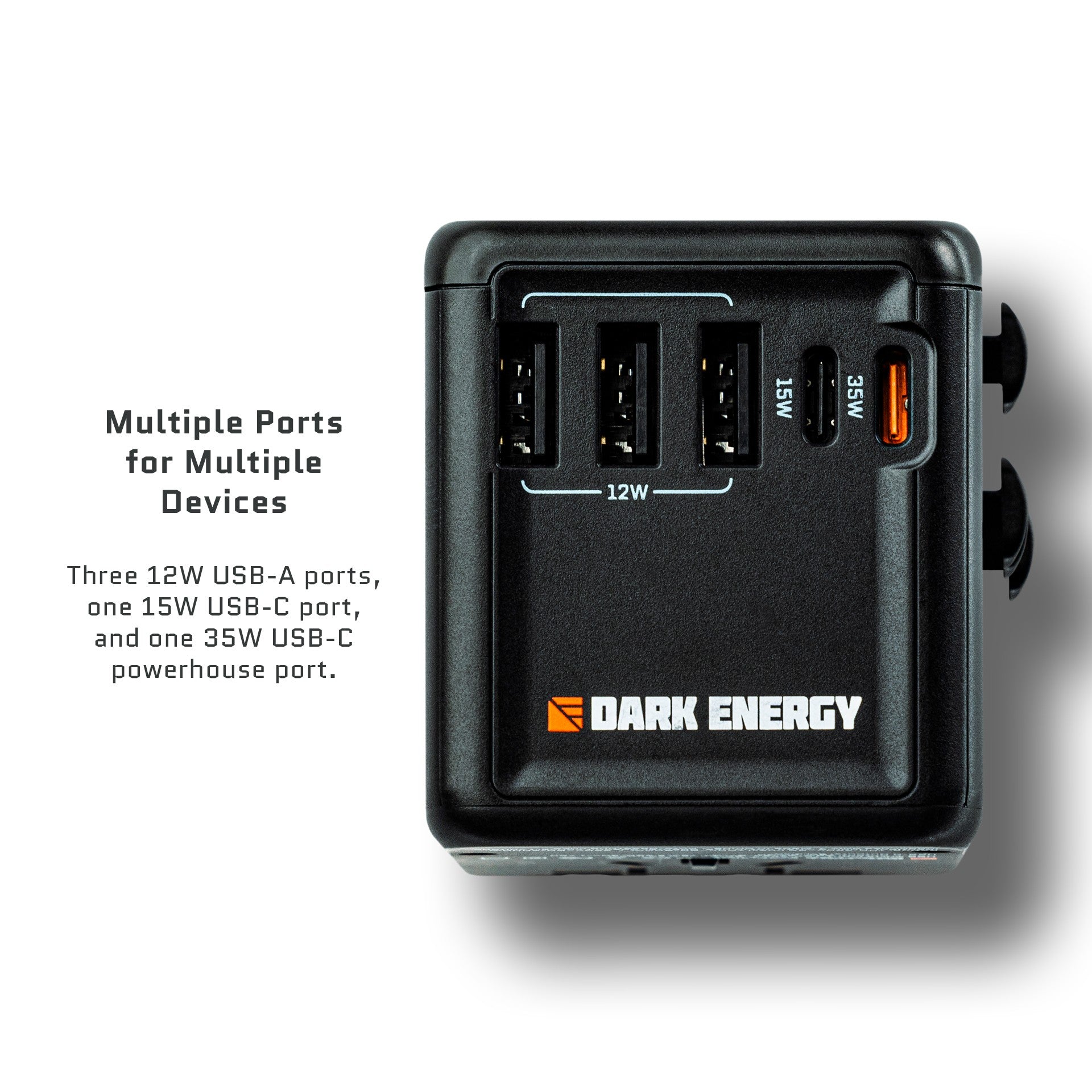 Dark Energy international wall adapter with multiple ports and callouts, designed for versatile global power compatibility.