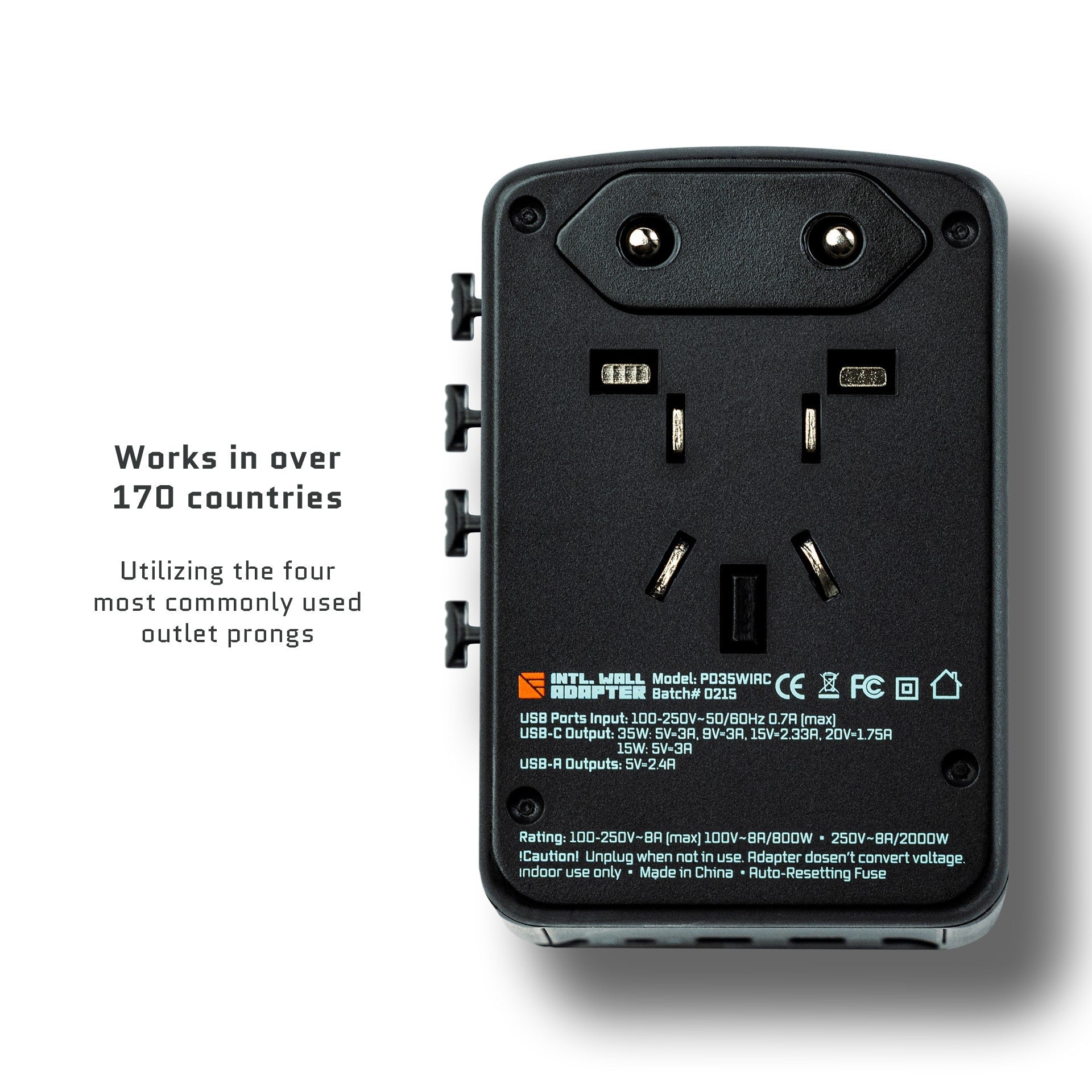 Dark Energy international wall adapter with multiple prongs and callouts, designed for versatile global power connectivity.