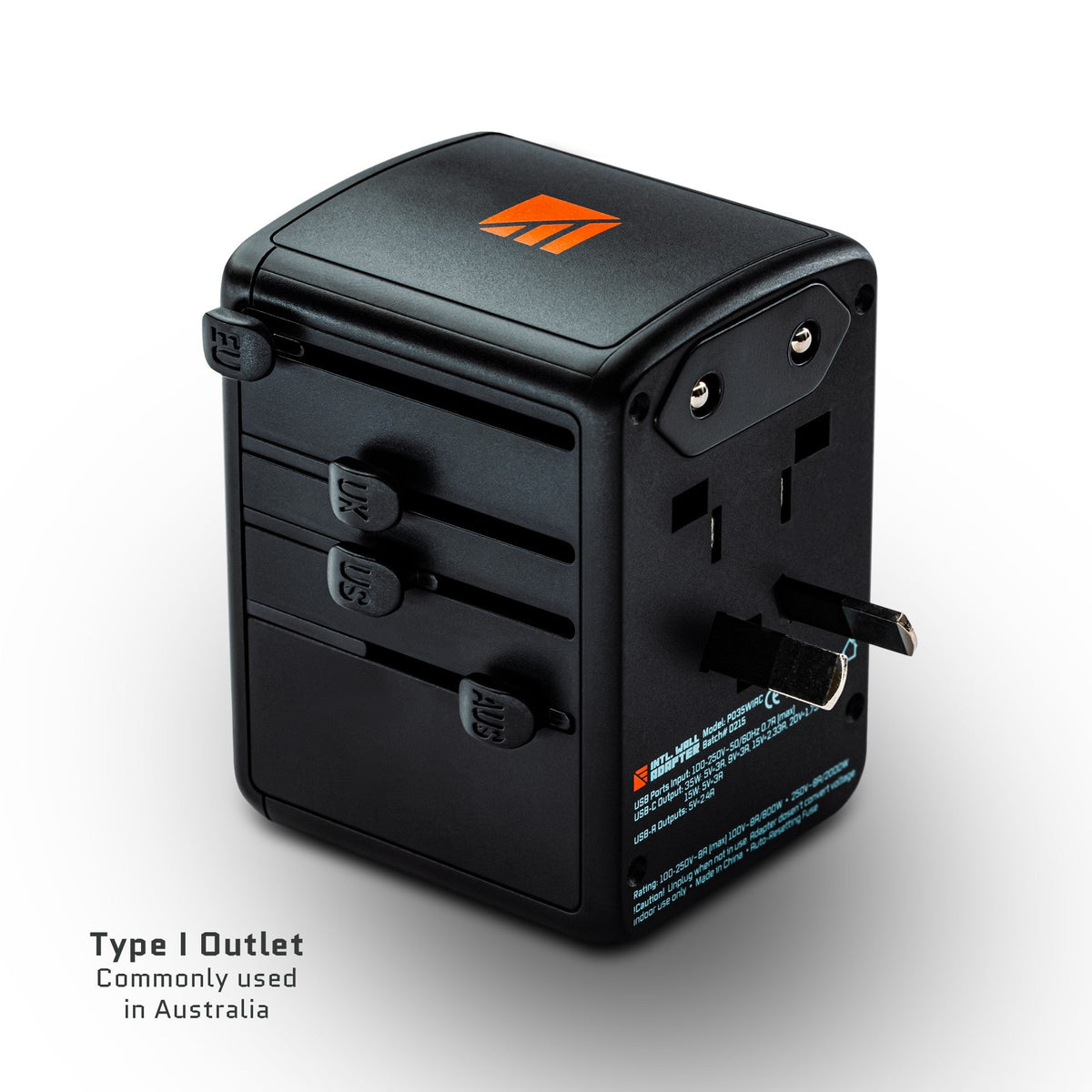 Dark Energy international wall adapter with four USB ports and callouts highlighting features on a neutral background.