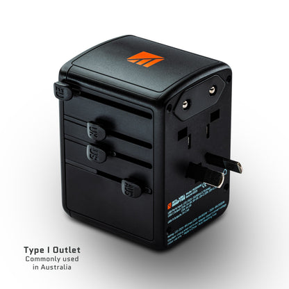 Dark Energy international wall adapter with four USB ports and callouts highlighting features on a neutral background.