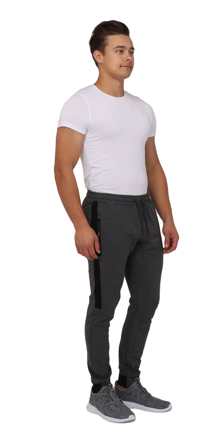 Dark grey SCR Sportswear Infinite Flex Tall Fit men's joggers sweatpants, front view showing comfortable fit and athletic style.