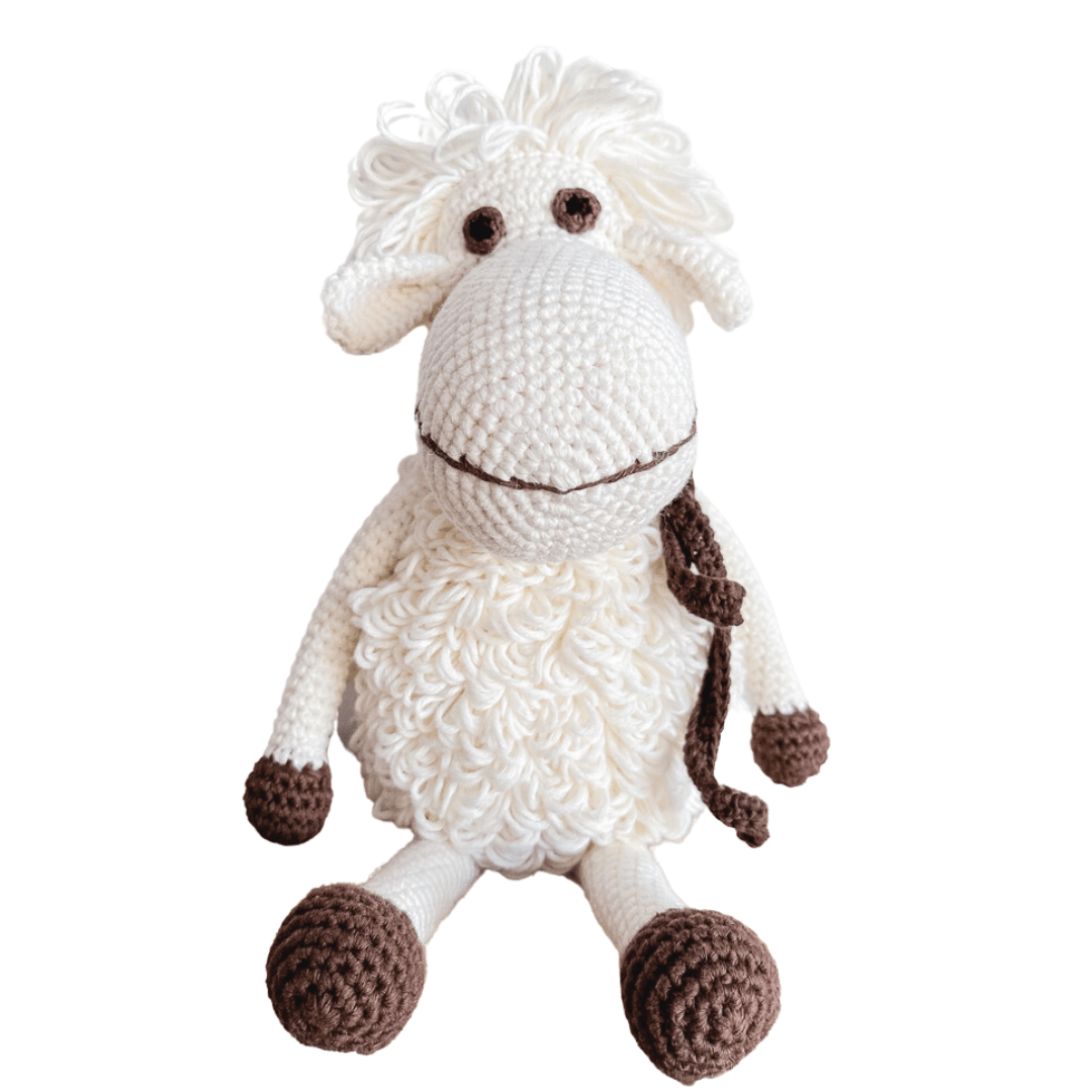 White Darla the sheep stuffed animal by Bebemoss, handmade organic cotton plush toy for children.