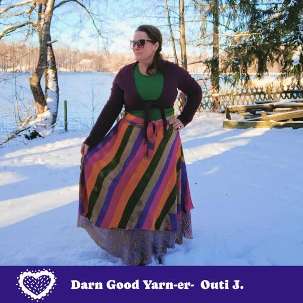 Darn Good Yarn The Original Sari Wrap Skirt in cool tones, showcasing vibrant, flowing fabric and versatile wrap design.