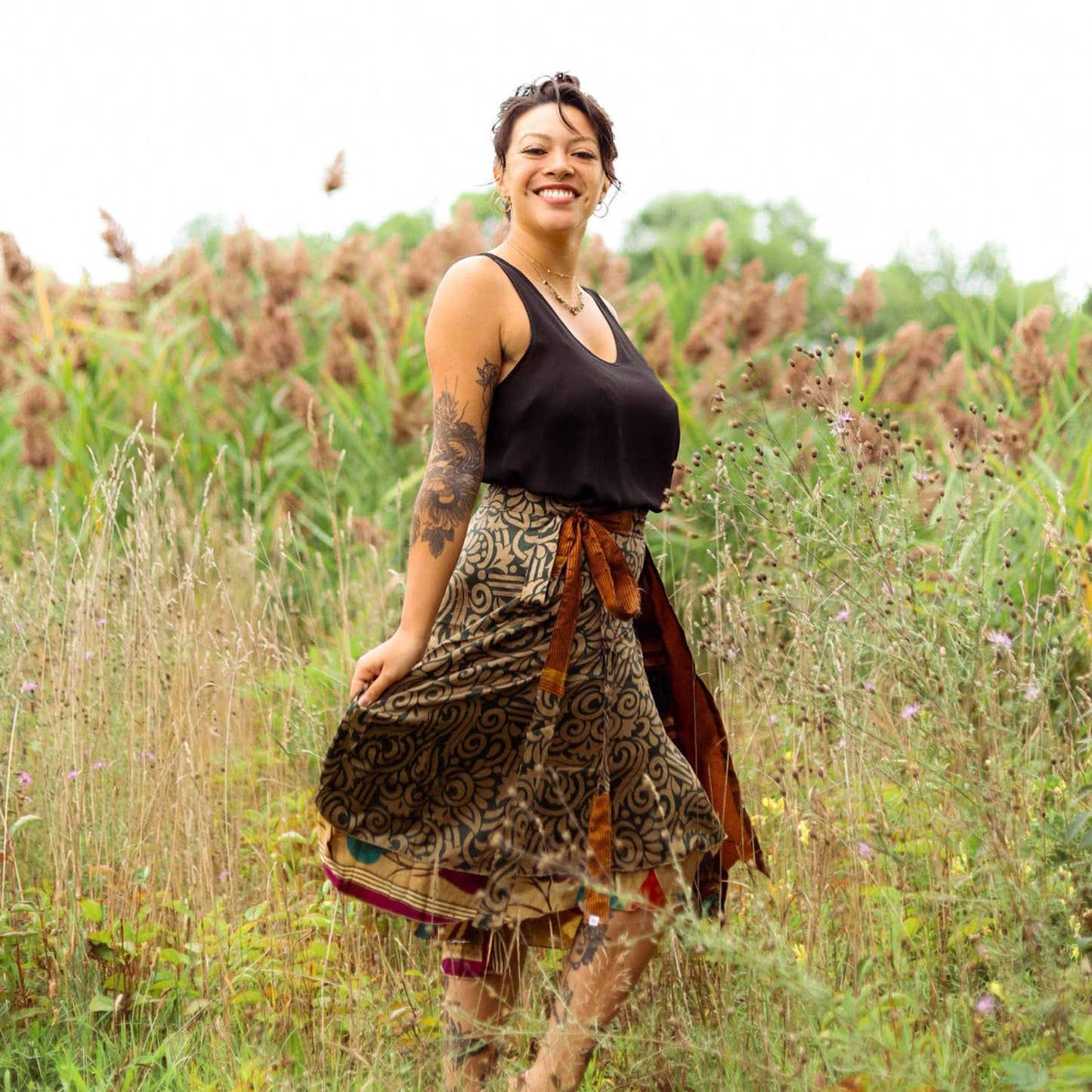 Darn Good Yarn The Original Sari Wrap Skirt in cool tones, showcasing vibrant fabric and stylish wrap design.