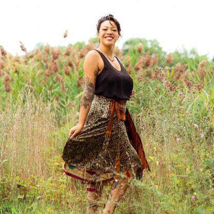 Darn Good Yarn The Original Sari Wrap Skirt in cool tones, showcasing vibrant fabric and stylish wrap design.