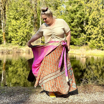 Darn Good Yarn The Original Sari Wrap Skirt in cool tones, flowing maxi skirt made from vibrant sari fabric, bohemian style clothing.