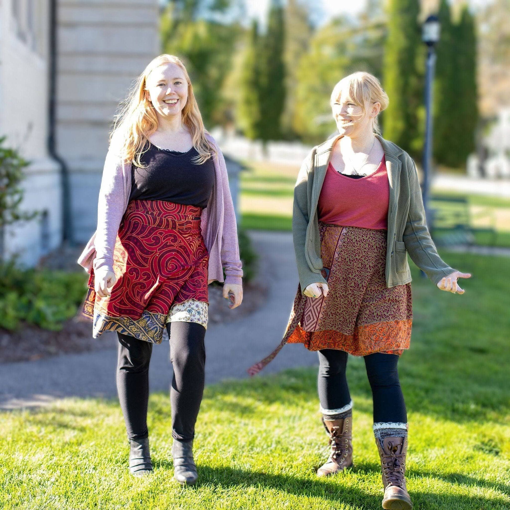 Darn Good Yarn The Original Sari Wrap Skirt in cool tones, flowing maxi skirt made from colorful sari fabric, stylish and versatile clothing.
