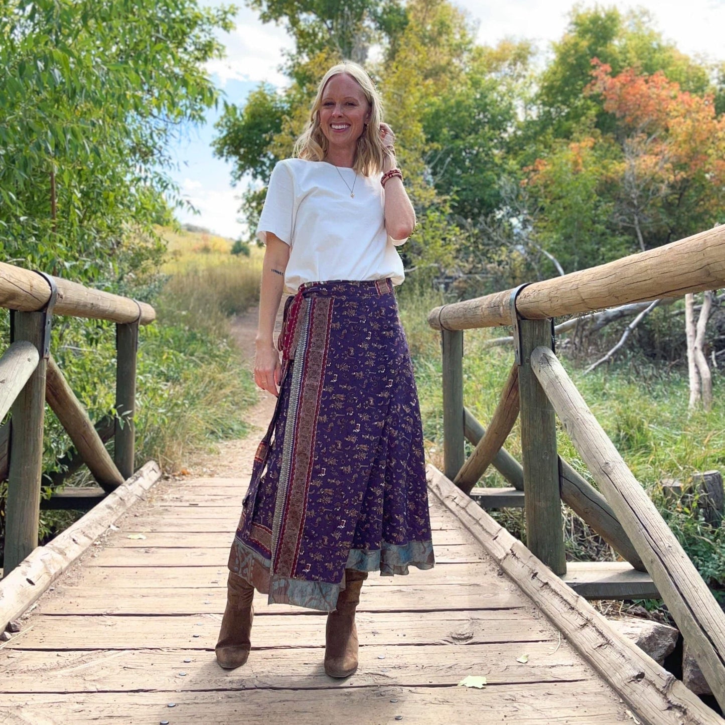 Darn Good Yarn The Original Sari Wrap Skirt in cool-tones, showcasing vibrant fabric and stylish wrap design.