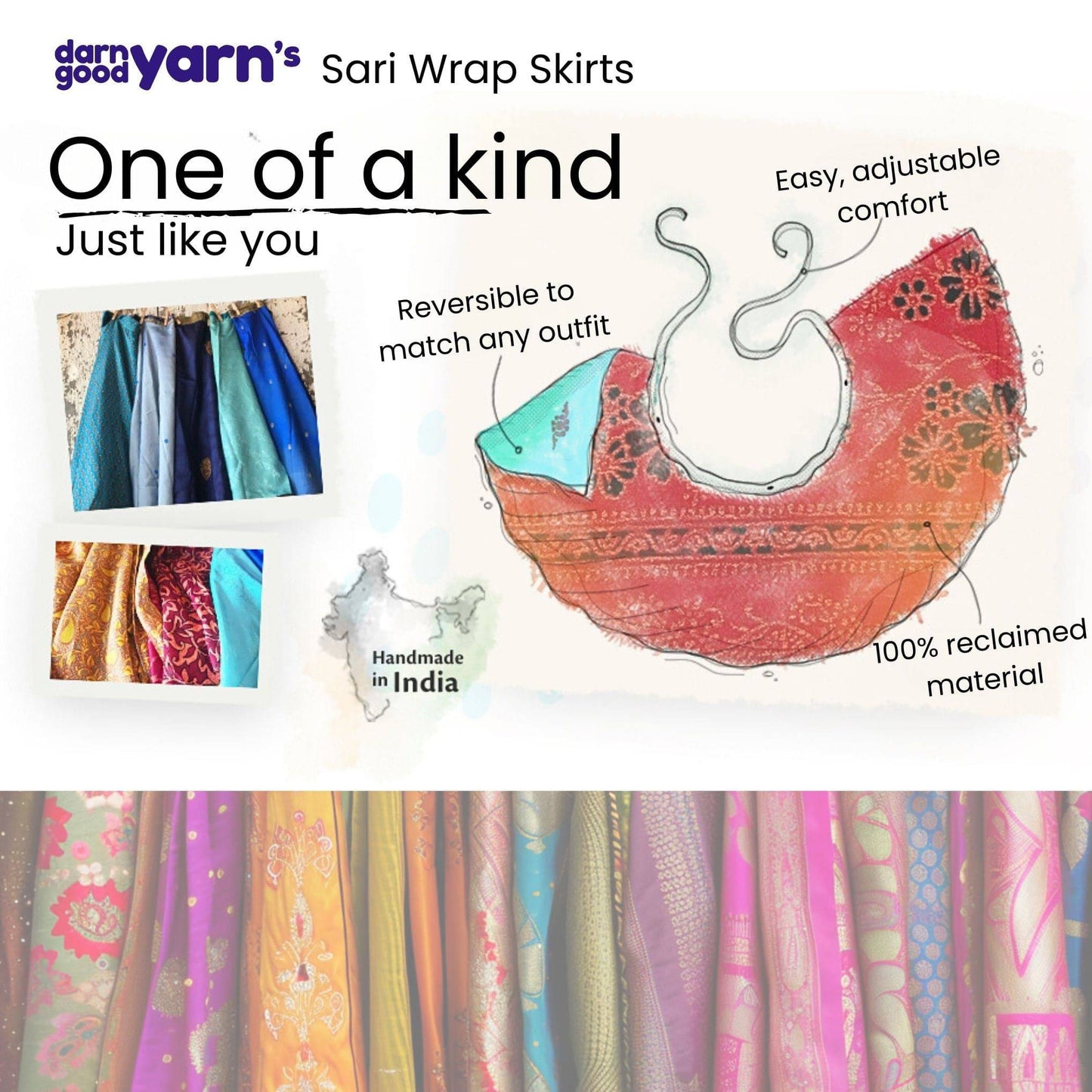 Darn Good Yarn The Original Sari Wrap Skirt in cool tones, showcasing its vibrant, flowing fabric and stylish wrap design.